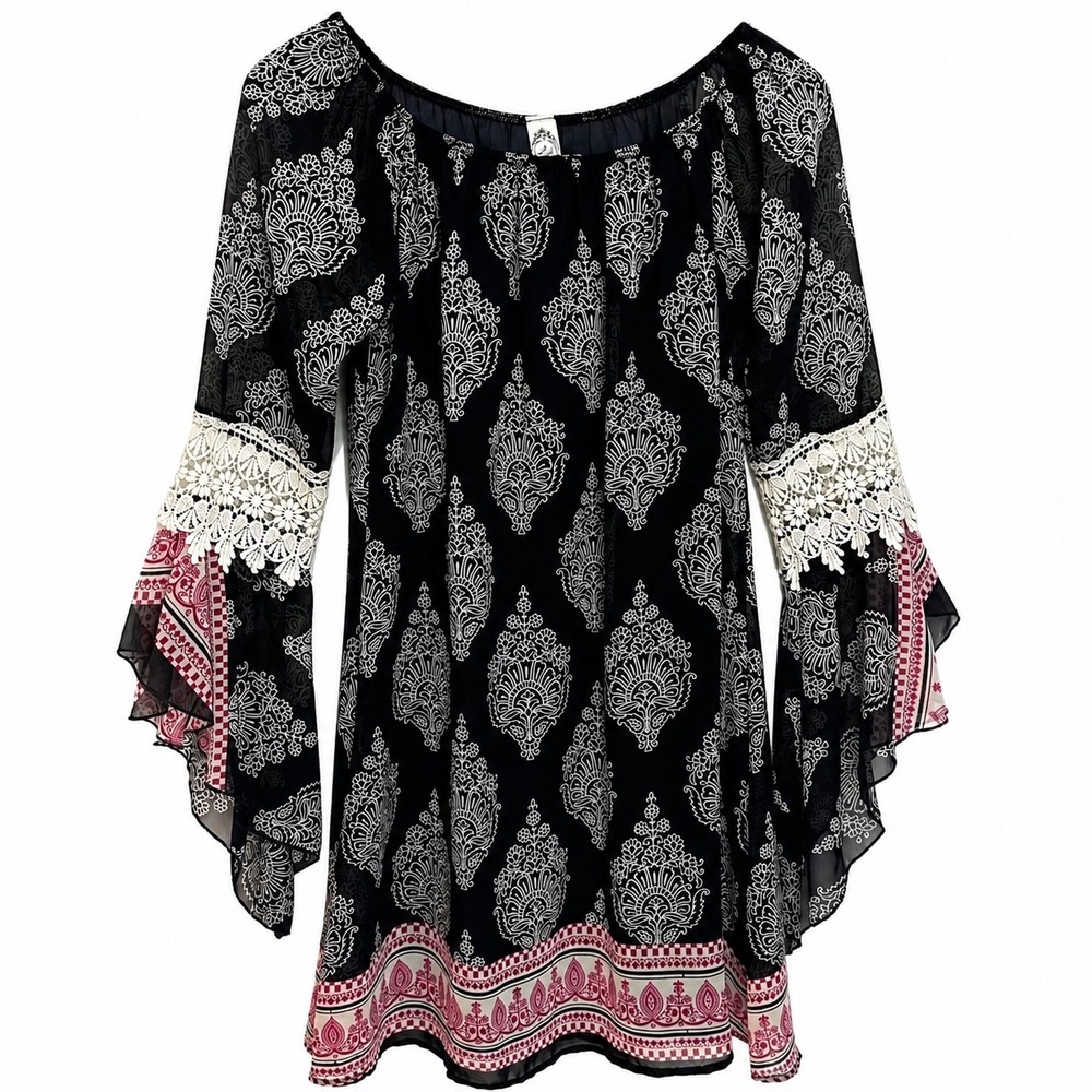 2B Together Navy Blue Damask Print Bell Sleeve Tunic Top Crochet Lace Detail S